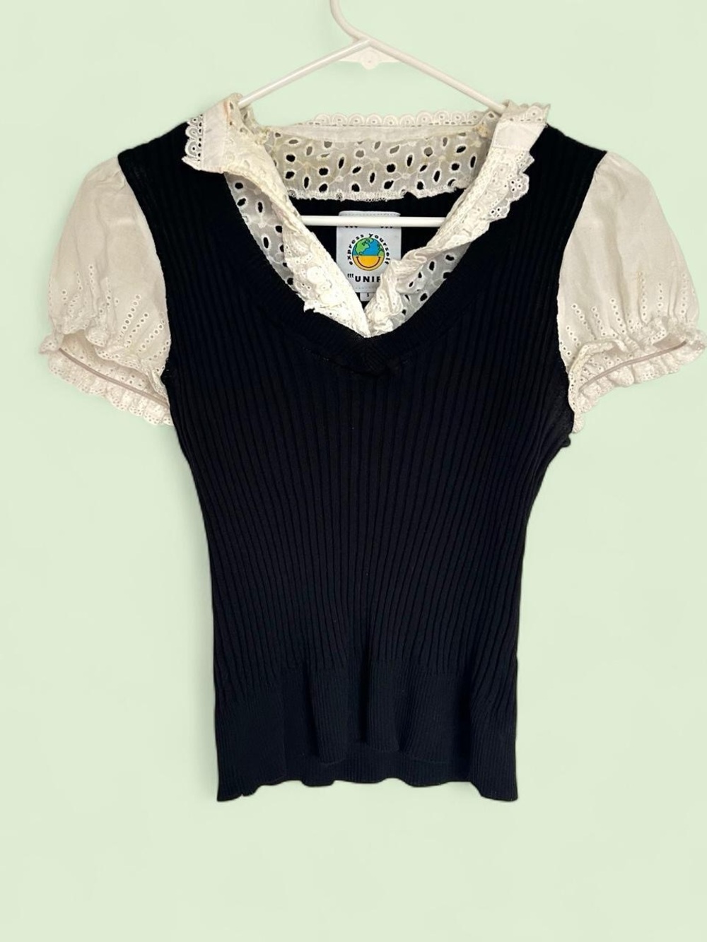 UNIF Yima Black Ribbed Knit Top with White Eyelet Collar